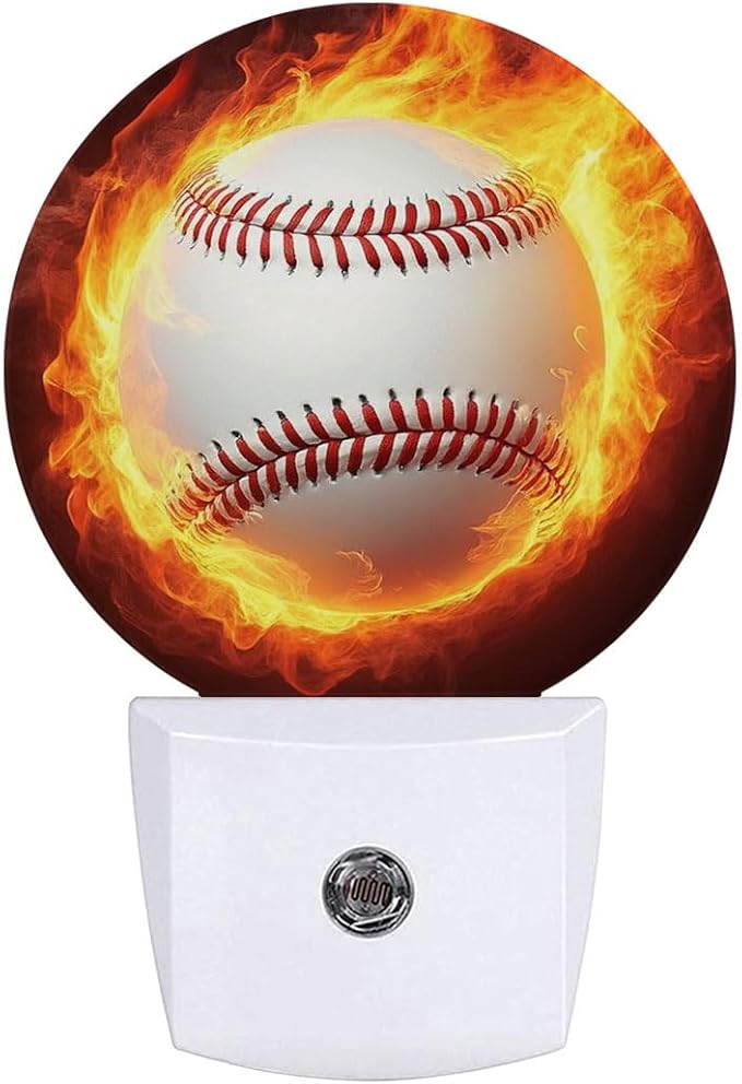 Baseball Fire Night Light Plug Into Wall Auto Led Sleep Round Lamp for Living Room Hallway Stairs