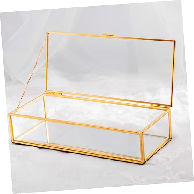 Ipetboom Golden Trim Geometric Glass Jewelry Box for Wedding Storage Desktop Display Case for Rings Earrings Necklaces Elegant Makeup Organizer Container
