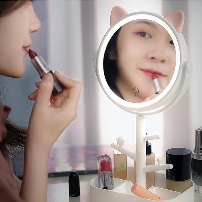 GANAZONO LED Makeup Mirror with Storage Case Smart Dimming 360° Swivel Vanity Mirror Rechargeable with Creative Cat Organizer for Makeup and Dressing Table