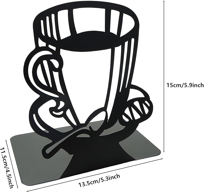 Creative Coffee Pattern Bookends Black Metal Book Ends Shelves Organizer Book Stands Journal Book Holder Reading Room Decorative Bookends for Office Home School Women Man Gift