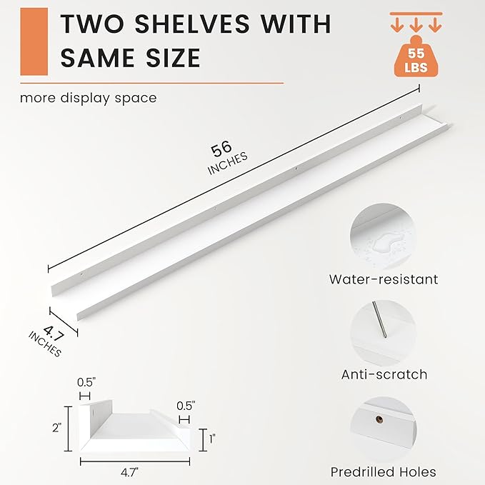 FLYJOE Picture Ledge Shelf, Floating Shelves Set of 2, 56 Inches Long Large Nursery Book Shelves for Toys Storage, Kids Bookshelf Wall Mounted for Living Room Bedroom Decor Books Photo Frames, White