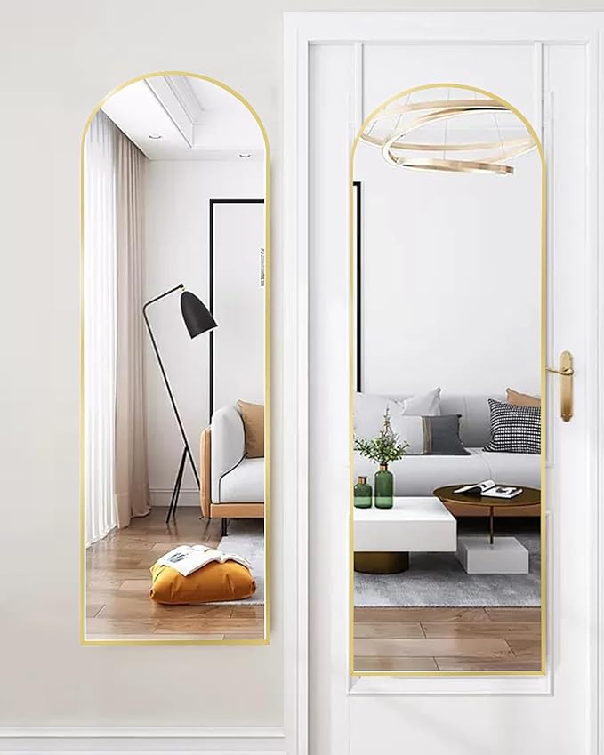 NEARBYSD DOOR-16"x50" Arched Full Length Mirror - Free Standing, Leaning & Hanging Mounted - Aluminum Frame Modern Simple Home Decor for Living Room, Bedroom & Cloakroom, Gold