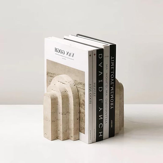 1 Piece Modern Travertine Bookend, Arched Design, Natural Stone Book Holders for Desk and Shelf (Travertine - 1 piece)