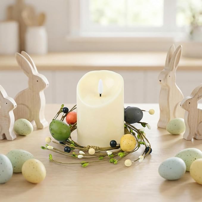 Daifunli 2 Pcs Easter Egg Candle Rings Primitive Farmhouse Vintage Eggs Pip Berry Wreaths for Pillar 3.9 Inch Candles Holder for Spring Easter Rustic Table Centerpiece Decor