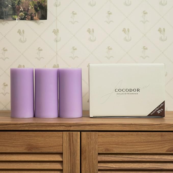 COCODOR Scented Pillar Candles, 3x6 Inch, French Lavender, Candle Set of 3, Long Buring 85 Hours, Candles for Weddings, Party, Dinner, Home Decor.