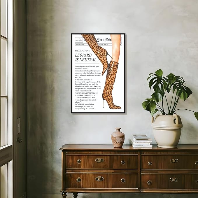 Trendy Newspaper Posters Vintage Leopard Boots Poster Feminist Canvas Prints Retro Fashion Bar Cart Magazine Cover Wall Art for Hot Girl Preppy Y2k Aesthetic Room Home Decor 24x36inch black framed