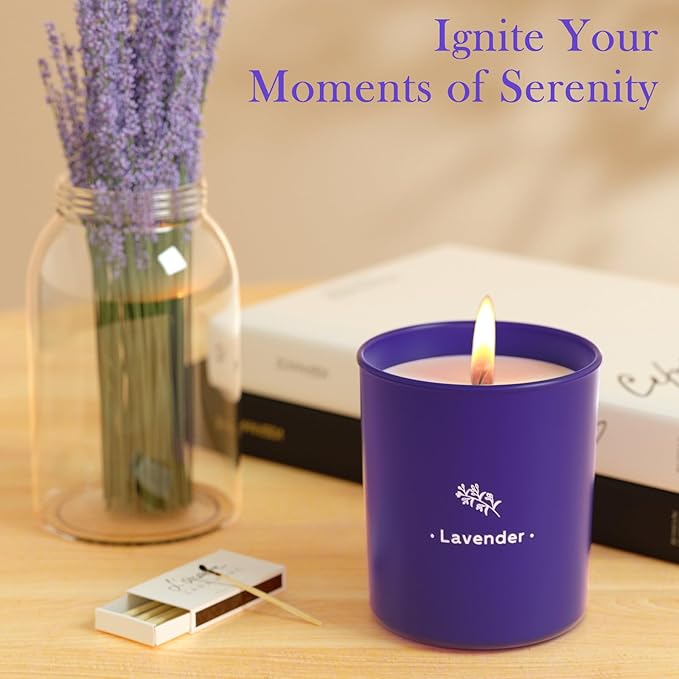 TranquilBliss Lavender Candles for Home Scented, 8 oz Scented Candles Present, Purple Jar Wax, Made with Soy for Women, 45 Hour Long-Lasting Burn for Girl Women Birthday Present Giving - 4 Pack