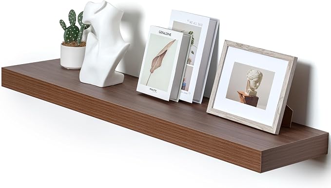 FLYJOE 48 Inch Walnut Floating Shelf | 12 Inch Deep Floating Shelves Set of 1 | 48" D x 12" D Rustic Wood Shelves for Wall | Deep Walnut Shelves for Living Room Bathroom Laundry Room Kitchen