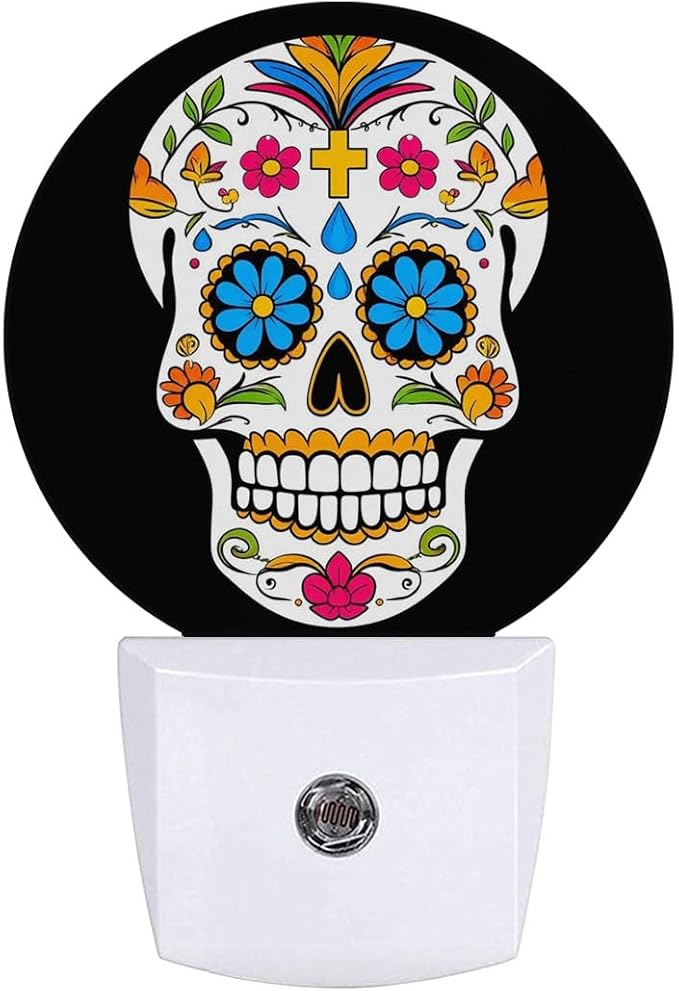 Skull Skeleton Head Halloween Dia De Los Muertos Night Light Plug Into Wall Auto Led Sleep Round Lamp for Living Room Hallway Stairs