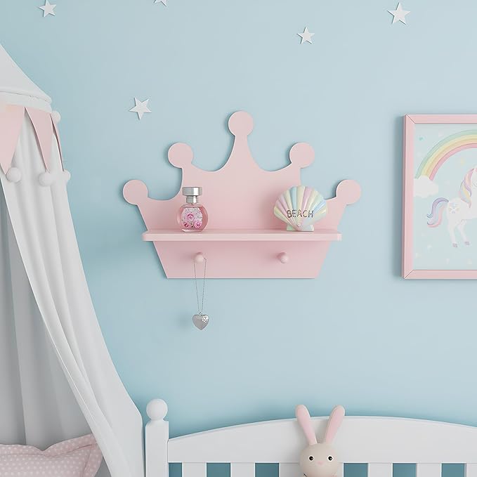 Pink Crown Floating Wall Shelf with Hooks, Princess Room Decor for Girls Bedroom, Nursery Organizer for Girls Room Storage