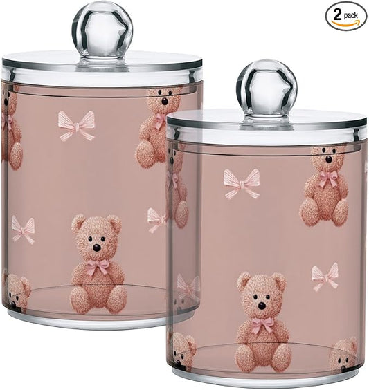 2 Pack Apothecary Jars Artistic Teddy Bear Bow Pattern Bathroom Vanity Storage Organizer Set,Small Clear Plastic Storage Jars Bathroom Canister for Cotton Swabs, Rounds, Balls, Qtips,Makeup Spo