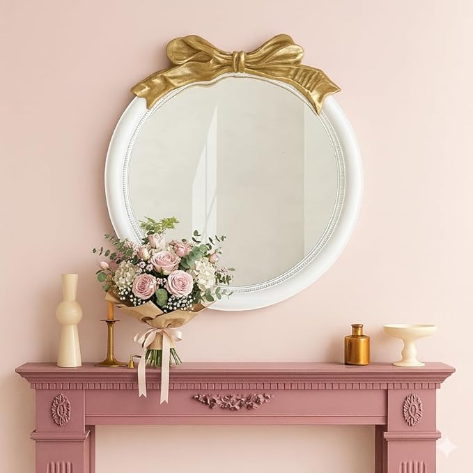 26x26 inch Bow Antique Mirrors for Wall, Round White and Gold Decorative Wall Mounted Mirror, Circle Antique Mirrors Suitable for Bedroom, Hallway, Living Room Decoration, Bathroom Sink