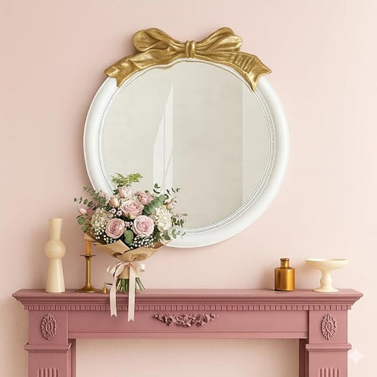 26x26 inch Bow Antique Mirrors for Wall, Round White and Gold Decorative Wall Mounted Mirror, Circle Antique Mirrors Suitable for Bedroom, Hallway, Living Room Decoration, Bathroom Sink