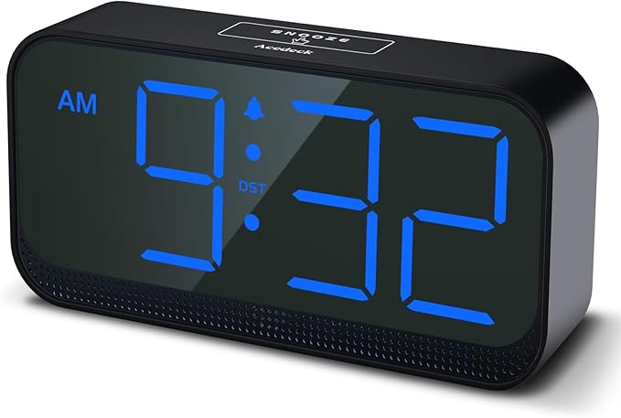 Acedeck Battery Operated Digital Clock: Cordless Small Alarm Clock for Bedroom Travel - Large Numbers 4 Dimmers for All Ages Blue Digits