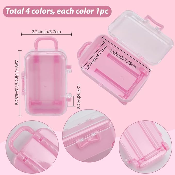 4Pcs 4 Colors Mini Suitcase Candy Box Small Eyelash Storage Box Tiny Colorful Plastic Empty Luggage Trolley Bag Gift Organizer Holder Case for Eyelashes Candy Makeup False Lash Travel Tool