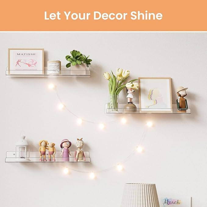 Acrylic Shelves for Bathroom Storage, 15" Floating Shelves Wall Organizer for Perfume, Make up, Skincare, Kids Bookshelf for Bedroom, Nursery, Living Room Decor, Clear 4 Pack