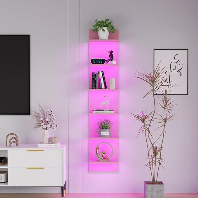 Qupui 6 Tier Wall Shelf Unit with LED Light, Display Floating Storage Home Decor Organizer Shelves for Bedroom Living Room, Pink