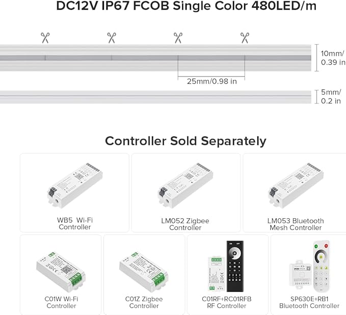 BTF-LIGHTING FCOB COB LED Strip IP67 Waterproof Flexible High Density Uniform Diffused Neon Light 16.4FT DC12V Cool White 6000K 480LED/m CRI 90+ for Indoor Decor(No Adapter or Controller)