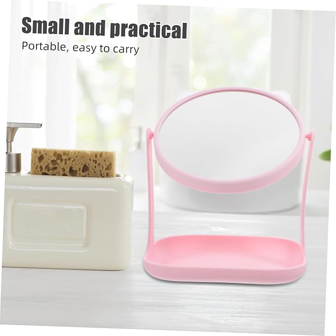 Cat Ear Makeup Mirror Storage Tray Rotatable HD Desktop Cosmetic Mirror for Girls Multifunctional Makeup Organizer for Vanity