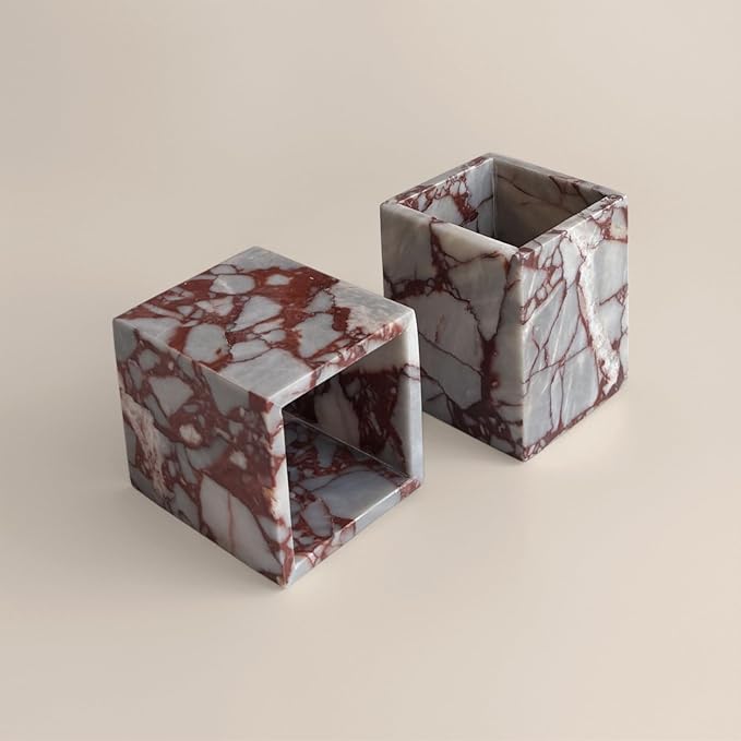 Natural Marble Stone Square Storage Container Empty Vessel Holder Cup for Candle/Pens/Sundries items (Calacatta Red)