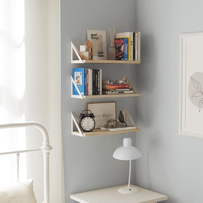 Wallniture Minori Floating Shelves for Wall Storage, Floating Bookshelf Set of 3, Bathroom and Kitchen Organizer Natural Wood Wall Shelves with White Brackets