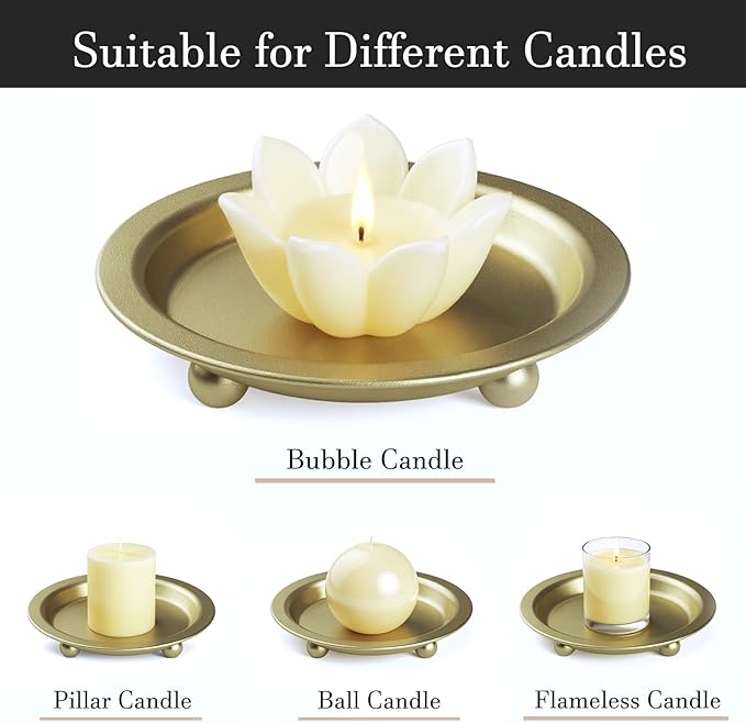 Gold Candle Holders, 4 Packs Gold Candles Sticks Holder Decor, 4.13'' Candle Tray Iron Plate for Tealight, Pillar Ball Scented Candles, Candle Stand for Incense Cones, Spa, Wedding