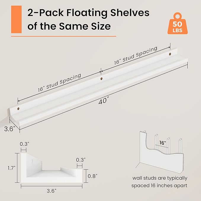 RICHFOCUS Picture Ledge Shelf, 40 inch Floating Shelves Set of 2, Wood Wall Shelves with Lip, Wall Decor Storage for Bedroom Living Room Bathroom Kitchen Nursery Photo Picture, White