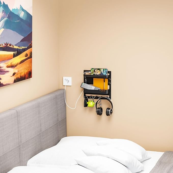 SuoXing Bedside Shelf Wall Mount and Wall Nightstand for Bedroom,Rv,Dorm Room,Bedside Wall Organizer for Phone Holder,Wall Mount Shelf Organizer for Charging Station and Remote Control Holder,Black