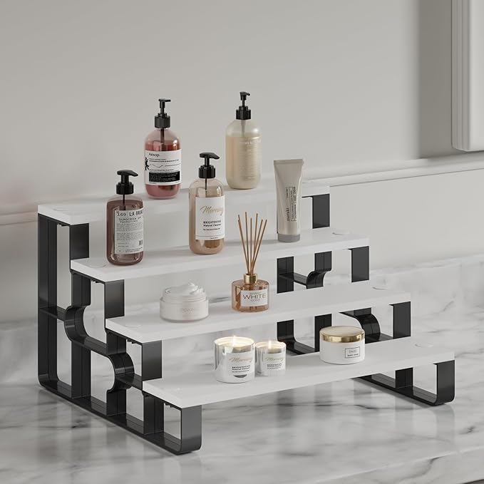 Perfume Stand for Men,4 Tier Cologne Organizer,Cologne Stands for Dresser Deco,Wooden Shelf Display Risers for Bathroom,Bedroom,Kitchen,Makeup,Figures,Cupcake,Dessert, (White,Width=14")