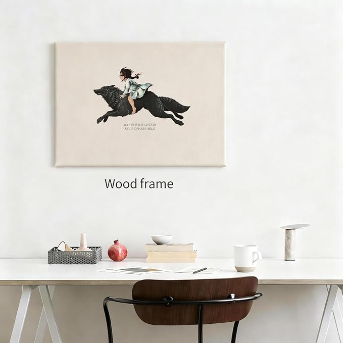 Modern Inspirational Quotes Posters May Our Daughters Be Ungovernable Wall Art 08x10 inch Framed Girl Riding Big Wolf Painting Feminist Positive Affirmations Wall Decor