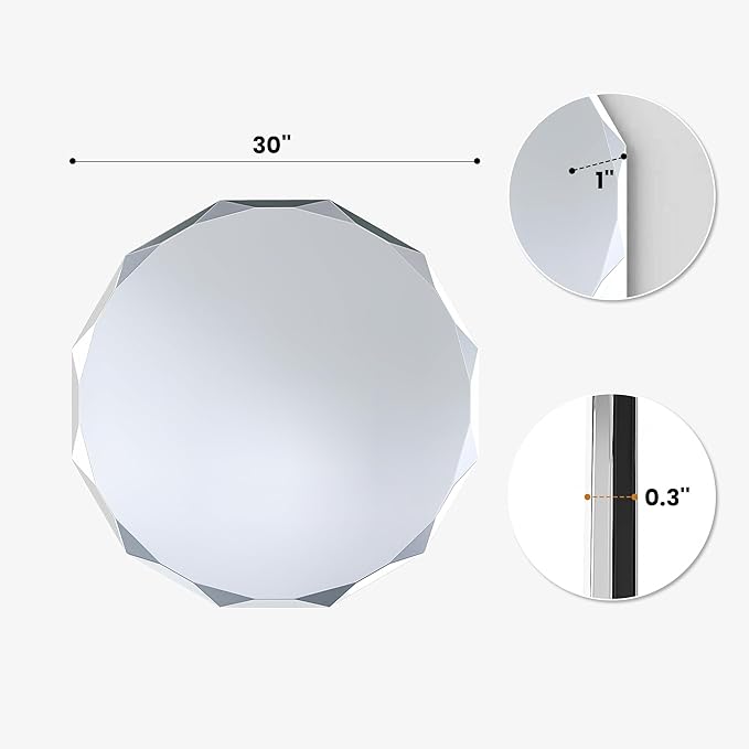 30 Inch Large Faceted Round Wall Mirror, Diamond-Beveled Circle Bathroom Mirror with Solid Backing, Big Sparkle Decor Mirror for Living Room, Fireplace & Master Vanity