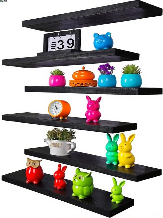 Vervida® 6 Pack Black Floating Shelves,24" W x 5.8" D x 1.5" H, Holds Up to 37 Lbs, Ideal for Living Room, Bedroom, Bathroom, Kitchen, Office, Storage, Display, with Invisible Brackets Wall Shelves