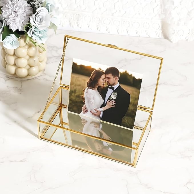 Feyarl Gold Glass Jewelry Box Clear Keepsake Photo Display Box Trinket Ring Earrings Storage Organizer Box Display Case Holder for Dresser Home Decor Wedding (8 x 4.3 x 2.2 inch)