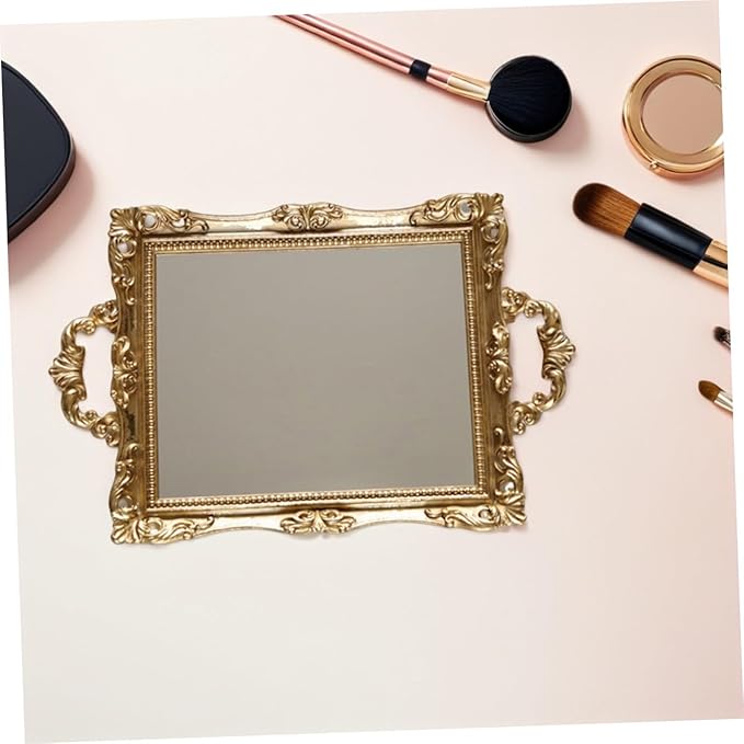 BESPORTBLE Vintage Carved Mirror Tray Nordic Style Retro Gold Resin Decorative Storage Plate for Makeup Perfume Vanity Table Organizer