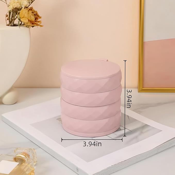 Rotating Jewelry Organizer with 4-Tier Partitioned Storage, Small Jewelry Box with Multi-Angle Adjustable Makeup Mirror for Vanity, Travel & Women Gifts. (Pink)
