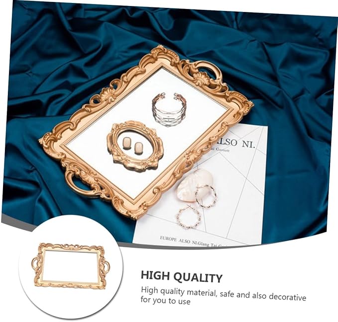 European Mirror Tray Vintage Cosmetic Storage Plate Gold Rectangular Makeup Organizer Perfume Display Prop for Vanity and Home Décor