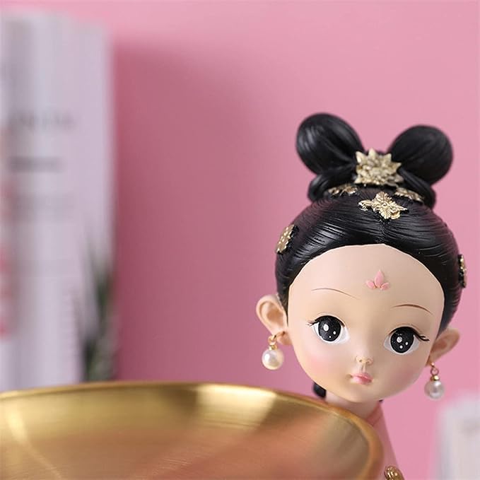 Girl Figurines Serving Tray Resin Girl Statue Jewelry Trinket Storage Tray Key Candy Snacks Makeup Organizer for Home Office Table Decoration - Pink