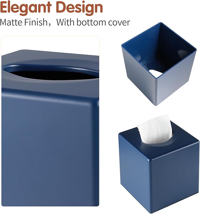 Y-in Hand Tissue Box Cover, Square Facial Tissue Holder Storage for Bathroom Vanity, Countertops, Dressers, Night Stand, Parlors and Offices - Navy Blue