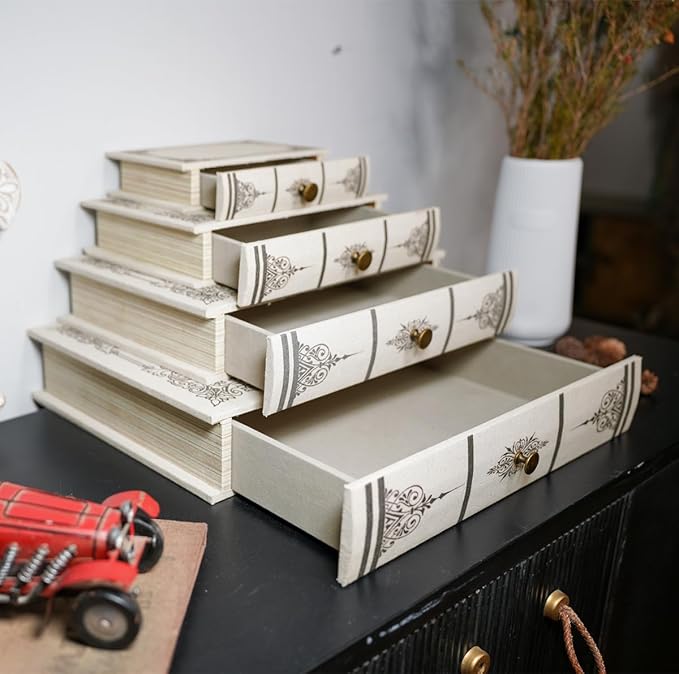 Vintage Book Storage Box with Drawer, Natural Linen-Textured Cover with Classic Frame Pattern, Hidden Organizer for Jewelry, Keepsakes or Desktop Use 7″ x 5″ x 1.6″