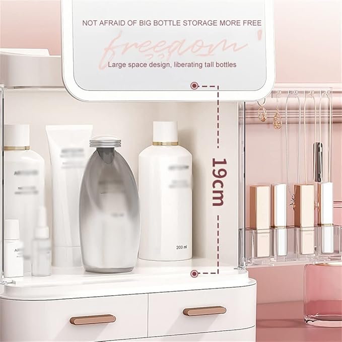 Storage Box with Mirror Light Desktop Makeup Organizer Case Dust-Proof Drawer Type Jewelry Box (Color : White Size : 35.526.629.719.3CM)