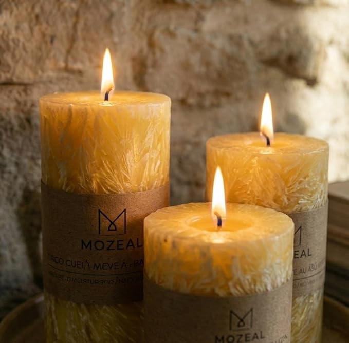 MOZEAL Hand-Poured, Unscented Yellow Crystal Pillar Decorative Candles, Elegant Set of 3 in Different Sizes (3"x4", 3"x5", 3"x6"), Luxurious Décor for Spring Homes & Events