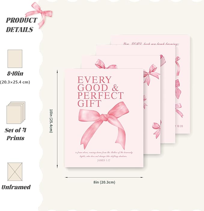 LARTSFRO Coquette Pink Bow Wall Art Decor Posters, Pink Bow Christian Room Bedroom Bathroom Dorm Wall Art Decor for College Teen Girls Kids Gifts, Inspirational Bible Verses Bow Wall Decor, 10x8 Inch Set of 4 Pcs Bow Pictures (UNFRAMED)