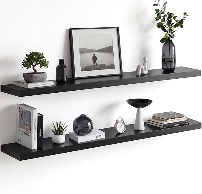 Homeforia Black Floating Shelf 48 inches, High End Solid Real Wood 48 inch Long Floating Shelves for Wall, Black Wooden 48inch Large Floating Shelves, Heavy Duty Bracket, 48 X 6.5 X 1.75 in, Set of 2