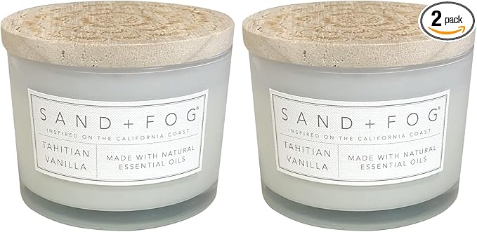 Sand + Fog Scented Candle - Tahitian Vanilla – Additional Scents and Sizes – 100% Cotton Lead-Free Wick - Luxury Air Freshening Jar Candles - Perfect Home Decor – 12oz (Pack of 2)