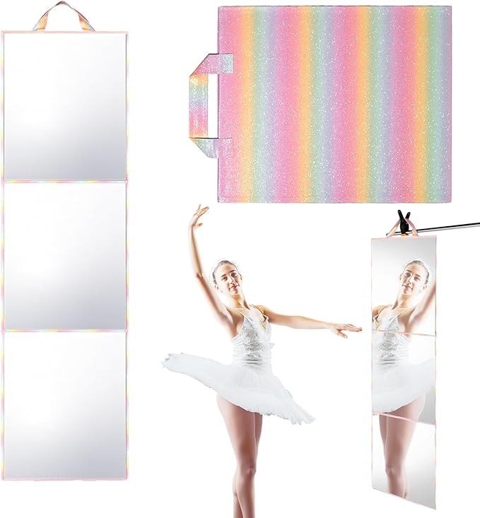Foldable Full Length Mirror 2-in-1 Wall-Mounted or Tabletop Mirror, Portable Travel Mirror with Handle for Dance Home Bedroom Wardrobe Stage Makeup Checks Camping Outdoor Use (47" x 12.5", Tri-Fold)