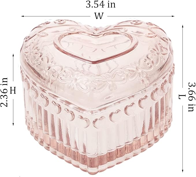 Glass Jewelry Box Heart Shape Cute Box for Storage Ring Earring Trinket Vintage Jewelry Organizer Decorative Gift for Women Girls-GRB003-Pink