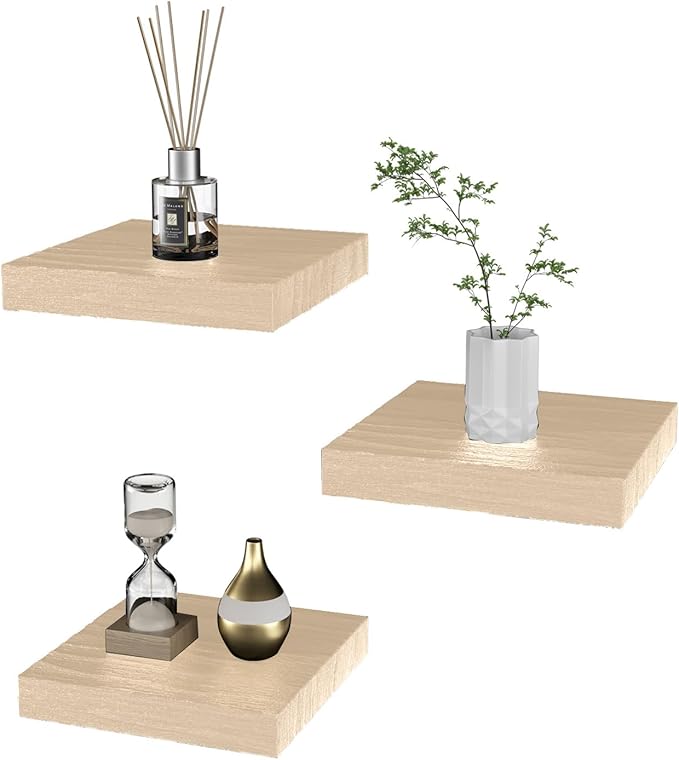 PopiShelves Small Floating Shelves for Wall - 6 Inch Mini Square Natural Wood Shelves for Bedroom, Living Room, Bathroom, Kitchen, Office Decor Set of 3