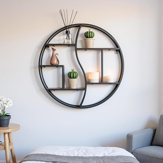 Round Wall Shelf,24 inch Metal Circle Shelf Wood Floating Shelves,Rustic Black Wall Mounted Display Organizer Shelf for Fireplace,Living Room,Bathroom