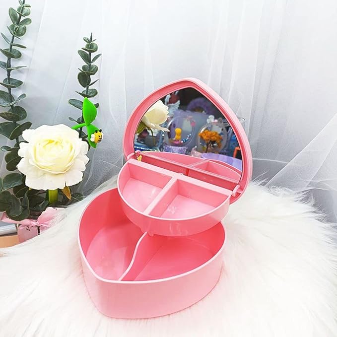 Leadigol Heart Shape Jewelry Box, Plastic Pink Jewelry Storage Organizer with Make Up Mirror, 2 Layer Jewelry Display Tray, Ideal Gift for Anniversaries, Wedding, and Valentine's Day