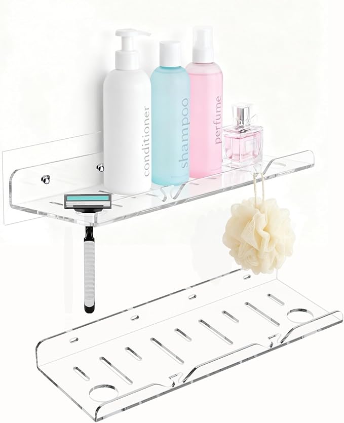 Acrylic Bathroom Shelves, 2 Pack, 12 inch, Adhesive Shower Shelves, Clear Wall Shelf, Rental Friendly,No Drill, Shower Caddy for Perfume, Cosmetics, Skincare